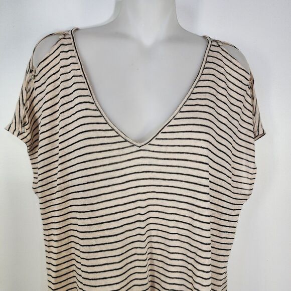 Lucky Brand Tee Womens Large Linen V Neck Top Natural Stripe Split Button Sleeve - Picture 3 of 10